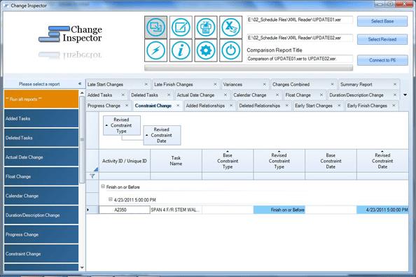 Change Inspector produces reports that enable you to locate the changes between two schedules.